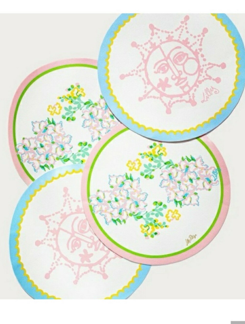 Lilly Pulitzer Reversible  Pink White Green Floral Round Placemat with Gold Logo